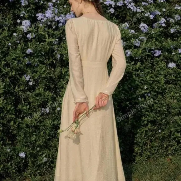 Simple Retro Lace Patchwork Cottage Core Yellow M Coquette Lace Dress - Picture 4 of 15